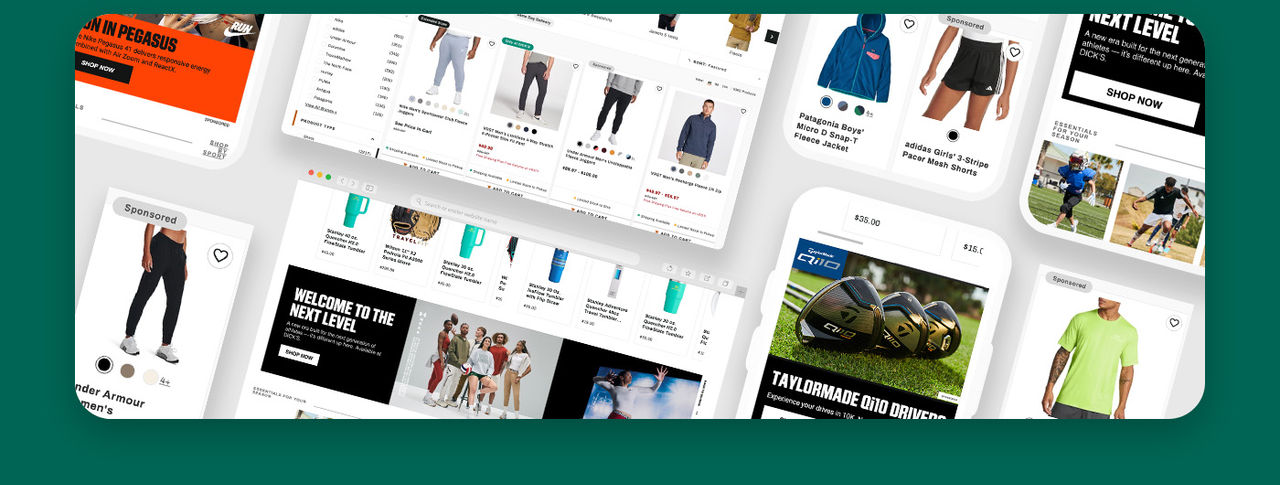 Creative examples of sponsored product and on-site banners designed at Dick's Sporting Goods