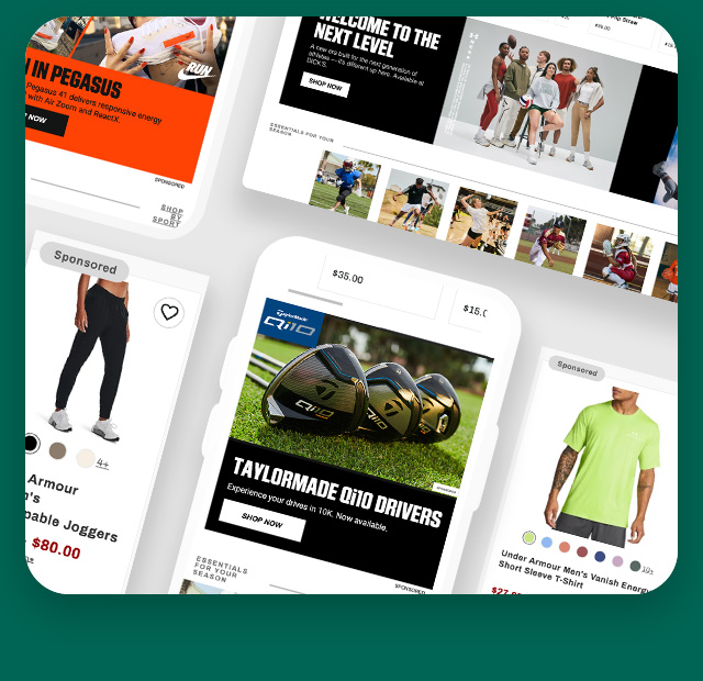 Creative examples of sponsored product and on-site banners designed at Dick's Sporting Goods